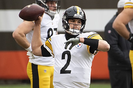 Jan 3, 2021; Cleveland, Ohio, USA; Pittsburgh Steelers quarterback Mason Rudolph (2) warms up before the game between the Cleveland Browns and the Pittsburgh Steelers during the first quarter at FirstEnergy Stadium. Mandatory Credit: Ken Blaze-USA TODAY Sports