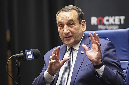 Jun 3, 2021; Durham, NC, USA; Duke Blue Devils basketball head coach Mike Krzyzewski answers a question at a press conference at Cameron Indoor Stadium announcing his plan to retire after the 2021-22 season. Mandatory Credit: Nell Redmond-USA TODAY Sports