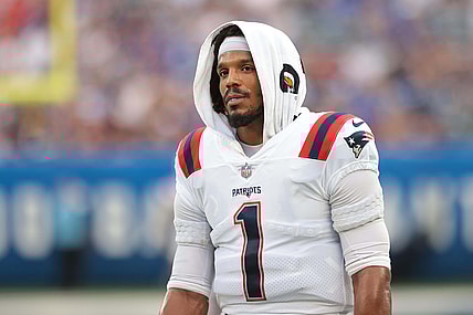 Aug 29, 2021; East Rutherford, New Jersey, USA; New England Patriots quarterback Cam Newton (1) looks on during the first half against the New York Giants at MetLife Stadium. Mandatory Credit: Vincent Carchietta-USA TODAY Sports