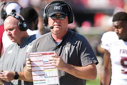 Oct 2, 2021; Columbia, South Carolina, USA; Troy Trojans head coach Chip Lindsey directs his team against the South Carolina Gamecocks in the first half at Williams-Brice Stadium. Mandatory Credit: Jeff Blake-USA TODAY Sports
