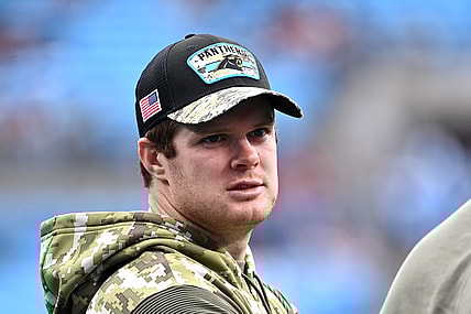 Nov 21, 2021; Charlotte, North Carolina, USA; Carolina Panthers quarterback Sam Darnold (14) before the game at Bank of America Stadium. Mandatory Credit: Bob Donnan-USA TODAY Sports