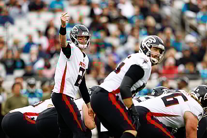 Nov 28, 2021; Jacksonville, Florida, USA;  Atlanta Falcons quarterback Matt Ryan (2) calls a play at the line against the Jacksonville Jaguars in the first quarter at TIAA Bank Field. Mandatory Credit: Nathan Ray Seebeck-USA TODAY Sports