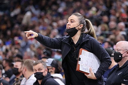 Dec 17, 2021; Salt Lake City, Utah, USA; San Antonio Spurs assistant coach Becky Hammon gives instructions during the second quarter against the Utah Jazz at Vivint Arena. Mandatory Credit: Rob Gray-USA TODAY Sports