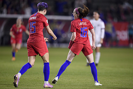 Feb 7, 2020; Los Angeles, California, USA; United States midfielder Rose Lavelle (16) celebrates after scoring a goal with forward Megan Rapinoe (15) against Mexico during the first half of the CONCACAF Women's Olympic Qualifying soccer tournament at Dignity Health Sports Park. Mandatory Credit: Kelvin Kuo-USA TODAY Sports