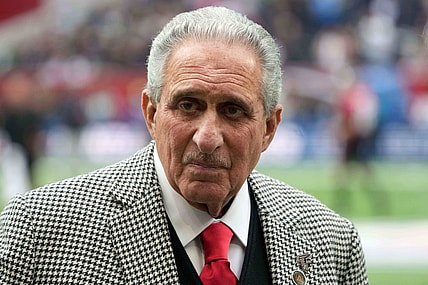 Oct 10, 2021; London, England, United Kingdom; Atlanta Falcons owner Arthur Blank reacts during an NFL International Series game against the New York Jets at Tottenham Hotspur Stadium. The Falcons defeated the Jets 27-20. Mandatory Credit: Kirby Lee-USA TODAY Sports