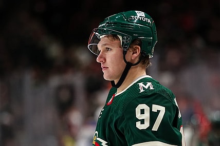 Dec 16, 2021; Saint Paul, Minnesota, USA; Minnesota Wild left wing Kirill Kaprizov (97) looks on against the Buffalo Sabres in the second period at Xcel Energy Center. Mandatory Credit: David Berding-USA TODAY Sports