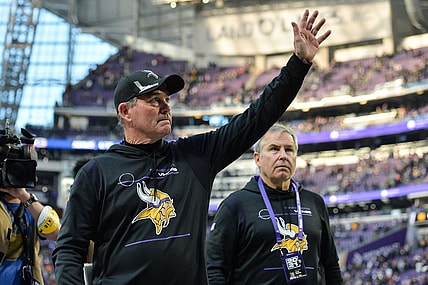 Jan 9, 2022; Minneapolis, Minnesota, USA; Minnesota Vikings head coach Mike Zimmer waves to the crowd after the game against the Chicago Bears at U.S. Bank Stadium. Mandatory Credit: Jeffrey Becker-USA TODAY Sports