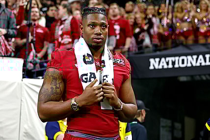 Jan 10, 2022; Indianapolis, IN, USA; Alabama Crimson Tide wide receiver Jameson Williams (1) on the sidelines during the second half after the game in the 2022 CFP college football national championship game at Lucas Oil Stadium. Mandatory Credit: Mark J. Rebilas-USA TODAY Sports
