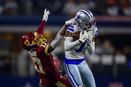 Dec 26, 2021; Arlington, Texas, USA; Washington Football Team wide receiver Terry McLaurin (17) and Dallas Cowboys cornerback Trevon Diggs (7) in action during the game between the Washington Football Team and the Dallas Cowboys at AT&T Stadium. Mandatory Credit: Jerome Miron-USA TODAY Sports