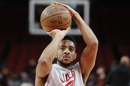 Feb 5, 2022; Portland, Oregon, USA; Portland Trail Blazers shooting guard CJ McCollum (3) warms up prior to a game against the Milwaukee Bucks at Moda Center. Mandatory Credit: Soobum Im-USA TODAY Sports