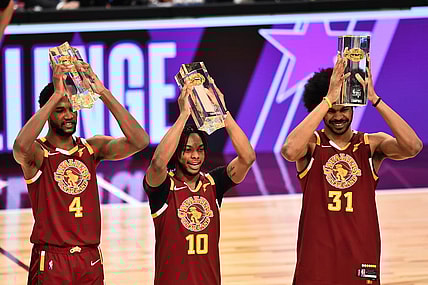 Feb 19, 2022; Cleveland, OH, USA; Team Cavs player Jarrett Allen (31) and player Evan Mobley (4) and player Darius Garland (10) celebrate after winning the Taco Bell Skills Challenge during the 2022 NBA All-Star Saturday Night at Rocket Mortgage Field House. Mandatory Credit: Ken Blaze-USA TODAY Sports