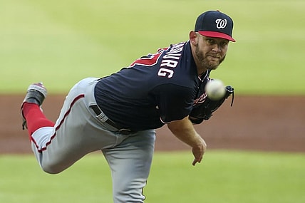 Jun 1, 2021; Atlanta, Georgia, USA; Washington Nationals starting pitcher Stephen Strasburg (37) throws against the Atlanta Braves in the first inning at Truist Park. Mandatory Credit: Brett Davis-USA TODAY Sports