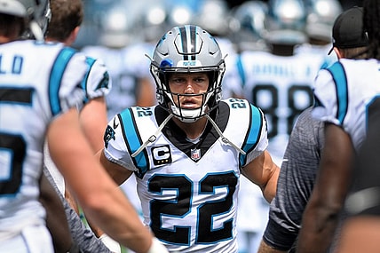 Sep 19, 2021; Charlotte, North Carolina, USA;  Carolina Panthers running back Christian McCaffrey (22) comes on to the field before the game at Bank of America Stadium. Mandatory Credit: Bob Donnan-USA TODAY Sports