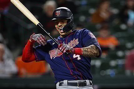 May 5, 2022; Baltimore, Maryland, USA; Minnesota Twins shortstop Carlos Correa (4) reacts after injuring his hand during the seventh inning of the game against the Baltimore Orioles at Oriole Park at Camden Yards. Mandatory Credit: Scott Taetsch-USA TODAY Sports