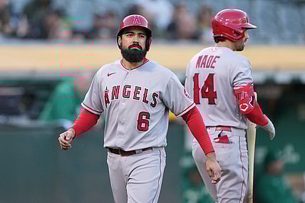 May 14, 2022; Oakland, California, USA; Los Angeles Angels third baseman Anthony Rendon (6) during the second inning against the Oakland Athletics at RingCentral Coliseum. Mandatory Credit: Darren Yamashita-USA TODAY Sports