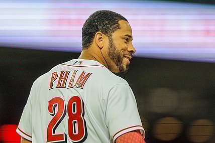 Apr 27, 2022; Cincinnati, Ohio, USA; Cincinnati Reds left fielder Tommy Pham (28) during the seventh inning against the San Diego Padres at Great American Ball Park. Mandatory Credit: Katie Stratman-USA TODAY Sports