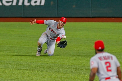 May 18, 2022; Arlington, Texas, USA; Los Angeles Angels right fielder Taylor Ward (3) makes a diving catch during the eighth inning against the Texas Rangers at Globe Life Field. Mandatory Credit: Andrew Dieb-USA TODAY Sports