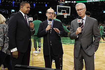 May 27, 2022; Boston, Massachusetts, USA; ESPN broadcasters Mark Jackson, Jeff Van Gundy and Mike Breen before game six of the 2022 eastern conference finals at TD Garden. Mandatory Credit: Winslow Townson-USA TODAY Sports