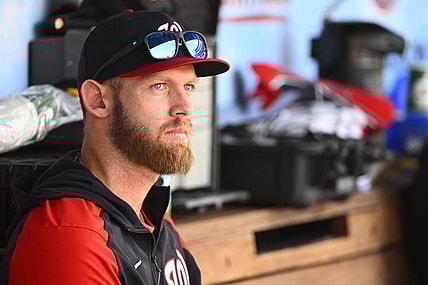 May 28, 2022; Washington, District of Columbia, USA; Washington Nationals pitcher   Stephen Strasburg in the dugout against the Colorado Rockies during the second inning at Nationals Park. Mandatory Credit: Brad Mills-USA TODAY Sports