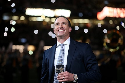 Nov 25, 2021; New Orleans, Louisiana, USA; Former New Orleans Saints quarterback Drew Brees is honored at halftime of the game between the New Orleans Saints and the Buffalo Bills at the Caesars Superdome. Mandatory Credit: Chuck Cook-USA TODAY Sports