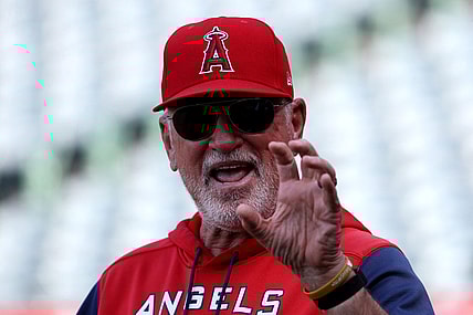 May 25, 2022; Anaheim, California, USA;  Los Angeles Angels manager Joe Maddon (70) on the field before the game against the Texas Rangers at Angel Stadium. Mandatory Credit: Kiyoshi Mio-USA TODAY Sports
