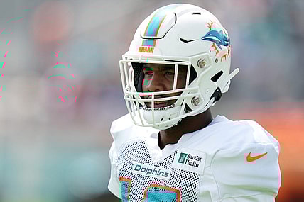 Aug 2, 2022; Miami Gardens, Florida, US; Miami Dolphins wide receiver Jaylen Waddle (17) walks on the field during training camp at Baptist Health Training Complex. Mandatory Credit: Jasen Vinlove-USA TODAY Sports