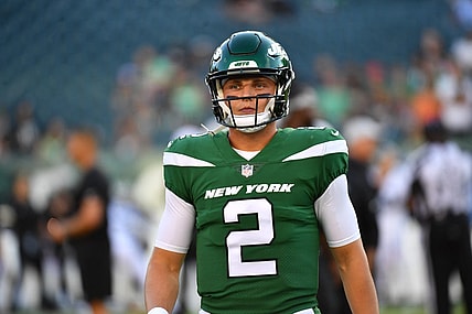 Aug 12, 2022; Philadelphia, Pennsylvania, USA; New York Jets quarterback Zach Wilson (2) during warmups against the Philadelphia Eagles at Lincoln Financial Field. Mandatory Credit: Eric Hartline-USA TODAY Sports