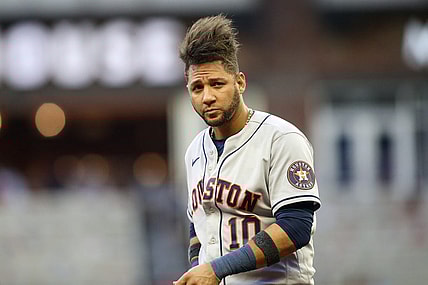 Aug 19, 2022; Atlanta, Georgia, USA; Houston Astros first baseman Yuli Gurriel (10) in action against the Atlanta Braves in the first inning at Truist Park. Mandatory Credit: Brett Davis-USA TODAY Sports
