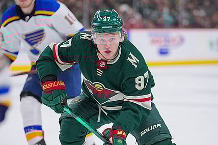 May 4, 2022; Saint Paul, Minnesota, USA; Minnesota Wild left wing Kirill Kaprizov (97) skates after the puck against the St. Louis Blues in the second period in game two of the first round of the 2022 Stanley Cup Playoffs at Xcel Energy Center. Mandatory Credit: Brad Rempel-USA TODAY Sports