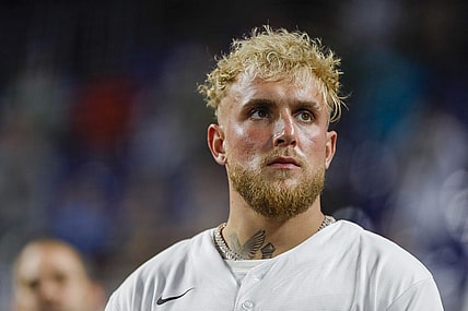 Aug 16, 2022; Miami, Florida, USA; YouTube personality and boxer Jake Paul listens to the national anthem prior to the game between the Miami Marlins and the San Diego Padres at loanDepot Park. Mandatory Credit: Sam Navarro-USA TODAY Sports