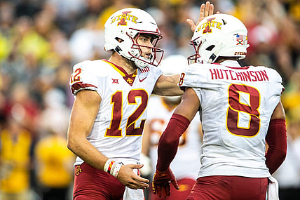 Iowa State quarterback Hunter Dekkers, left, celebrates with wide receiver Xavier Hutchinson during a NCAA football game against Iowa, Saturday, Sept. 10, 2022, at Kinnick Stadium in Iowa City, Iowa.

220910 Isu Iowa Fb 062 Jpg
