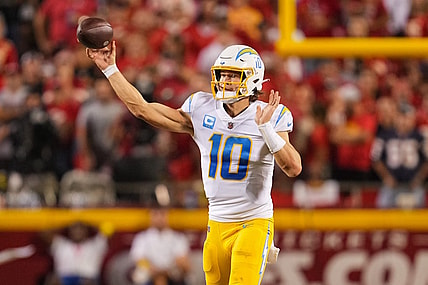 Sep 15, 2022; Kansas City, Missouri, USA; Los Angeles Chargers quarterback Justin Herbert (10) against the Kansas City Chiefs during the second half at GEHA Field at Arrowhead Stadium. Mandatory Credit: Jay Biggerstaff-USA TODAY Sports