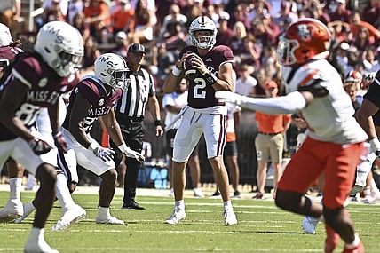 Sep 24, 2022; Starkville, Mississippi, USA; Mississippi State Bulldogs quarterback Will Rogers (2) looks to pass against the Bowling Green Falcons during the first quarter at Davis Wade Stadium at Scott Field. Mandatory Credit: Matt Bush-USA TODAY Sports