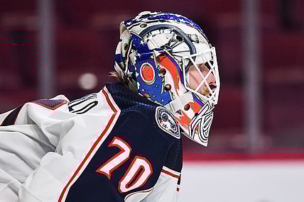 Jan 30, 2022; Montreal, Quebec, CAN; Columbus Blue Jackets goalie Joonas Korpisalo (70) during the second period at Bell Centre. Mandatory Credit: David Kirouac-USA TODAY Sports
