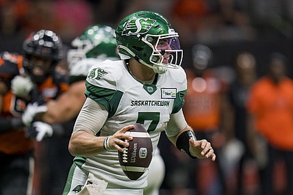 Aug 26, 2022; Vancouver, British Columbia, CAN; Saskatchewan Roughriders quarterback Cody Fajardo (7) looks to pass against the BC Lions in the second half at BC Place. Mandatory Credit: Bob Frid-USA TODAY Sports