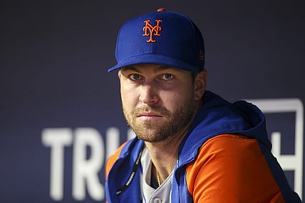 Sep 30, 2022; Atlanta, Georgia, USA; New York Mets starting pitcher Jacob deGrom (48) in the dugout against the Atlanta Braves in the second inning at Truist Park. Mandatory Credit: Brett Davis-USA TODAY Sports