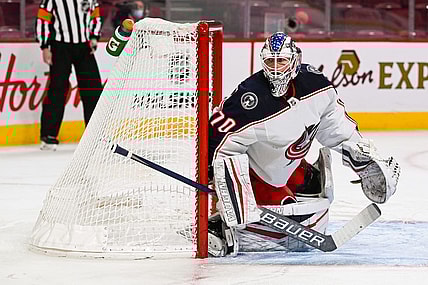 Jan 30, 2022; Montreal, Quebec, CAN; Columbus Blue Jackets goalie Joonas Korpisalo (70) during the second period at Bell Centre. Mandatory Credit: David Kirouac-USA TODAY Sports