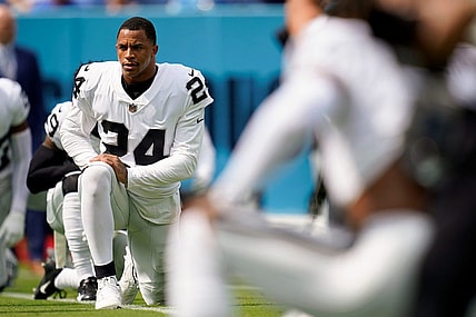 Las Vegas Raiders safety Johnathan Abram (24) warms up before facing the Tennessee Titans at Nissan Stadium Sunday, Sept. 25, 2022, in Nashville, Tenn.

Nfl Las Vegas Raiders At Tennessee Titans