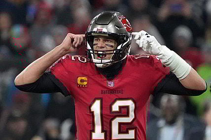 Nov 13, 2022; Munich, Germany; Tampa Bay Buccaneers quarterback Tom Brady (12) gestures in the fourth quarter against the Seattle Seahawks during an NFL International Series game at Allianz Arena. Mandatory Credit: Kirby Lee-USA TODAY Sports