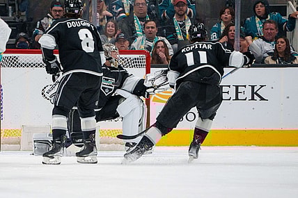 Nov 25, 2022; San Jose, California, USA; Los Angeles Kings goaltender Jonathan Quick (32) makes a save during the third period against the San Jose Sharks at SAP Center at San Jose. Mandatory Credit: Neville E. Guard-USA TODAY Sports