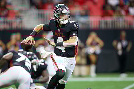 Aug 27, 2022; Atlanta, Georgia, USA; Atlanta Falcons quarterback Desmond Ridder (4) throws a pass against the Jacksonville Jaguars in the first half at Mercedes-Benz Stadium. Mandatory Credit: Brett Davis-USA TODAY Sports