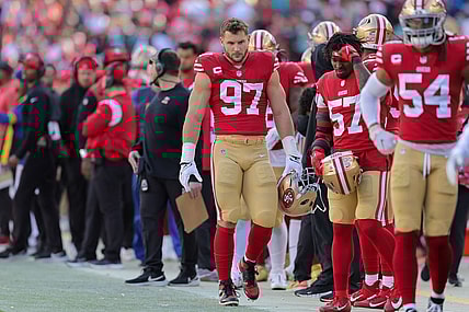 Dec 4, 2022; Santa Clara, California, USA; San Francisco 49ers defensive end Nick Bosa (97) during the game against the Miami Dolphins at Levi's Stadium. Mandatory Credit: Sergio Estrada-USA TODAY Sports