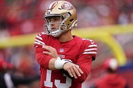 Dec 11, 2022; Santa Clara, California, USA; San Francisco 49ers quarterback Brock Purdy (13) follows through on a pass before the start of the game against the Tampa Bay Buccaneers at Levi's Stadium. Mandatory Credit: Cary Edmondson-USA TODAY Sports