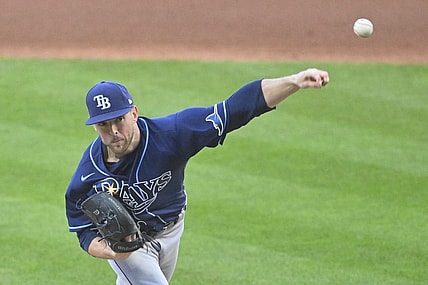 Sep 29, 2022; Cleveland, Ohio, USA; Tampa Bay Rays starting pitcher Jeffrey Springs (59) delivers a pitch in the first inning against the Cleveland Guardians at Progressive Field. Mandatory Credit: David Richard-USA TODAY Sports