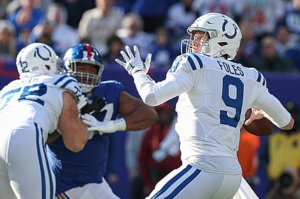 Jan 1, 2023; East Rutherford, New Jersey, USA;  Indianapolis Colts quarterback Nick Foles (9) throws the ball during the first quarter against the New York Giants at MetLife Stadium. Mandatory Credit: Vincent Carchietta-USA TODAY Sports
