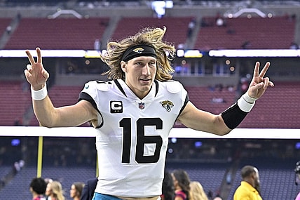 Jan 1, 2023; Houston, Texas, USA;  Jacksonville Jaguars quarterback Trevor Lawrence (16) reacts as he leaves the field after the win against the Houston Texans at NRG Stadium. Mandatory Credit: Maria Lysaker-USA TODAY Sports