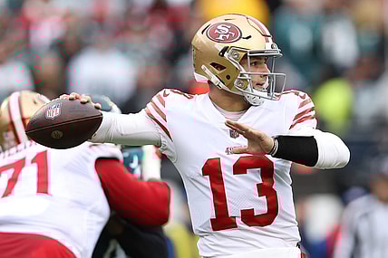 Jan 29, 2023; Philadelphia, Pennsylvania, USA; San Francisco 49ers quarterback Brock Purdy (13) throws a pass against the Philadelphia Eagles during the first quarter in the NFC Championship game at Lincoln Financial Field. Mandatory Credit: Bill Streicher-USA TODAY Sports