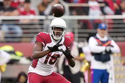 Jan 8, 2023; Santa Clara, California, USA; Arizona Cardinals wide receiver A.J. Green (18) catches a pass against the San Francisco 49ers during the fourth quarter at Levi's Stadium. Mandatory Credit: Darren Yamashita-USA TODAY Sports