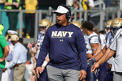 Nov 19, 2022; Orlando, Florida, USA; Navy Midshipmen head coach Ken Niumatalolo looks on during the second quarter against the UCF Knights at FBC Mortgage Stadium. Mandatory Credit: Mike Watters-USA TODAY Sports