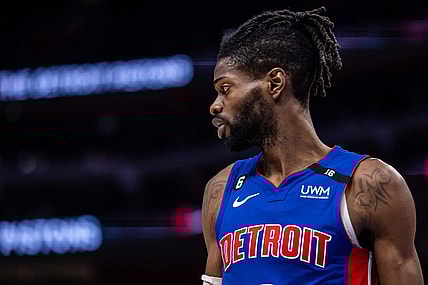 Jan 11, 2023; Detroit, Michigan, USA; Detroit Pistons center Nerlens Noel (9) looks on during a pause in play in the second quarter against the Minnesota Timberwolves at Little Caesars Arena. Mandatory Credit: Allison Farrand-USA TODAY Sports